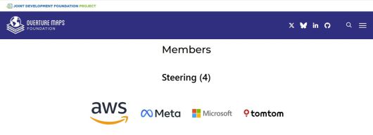 '오버추어 지도 재단'(Overture Maps Foundation)과 소속 기업 목록 (오버추어 지도 재단 공식 홈페이지 갈무리)