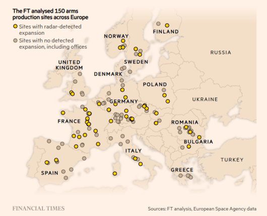 최근 확장세를 보여주는 유럽내 군수시설. 노란 동그라미가 이에 해당한다. (FT 갈무리)