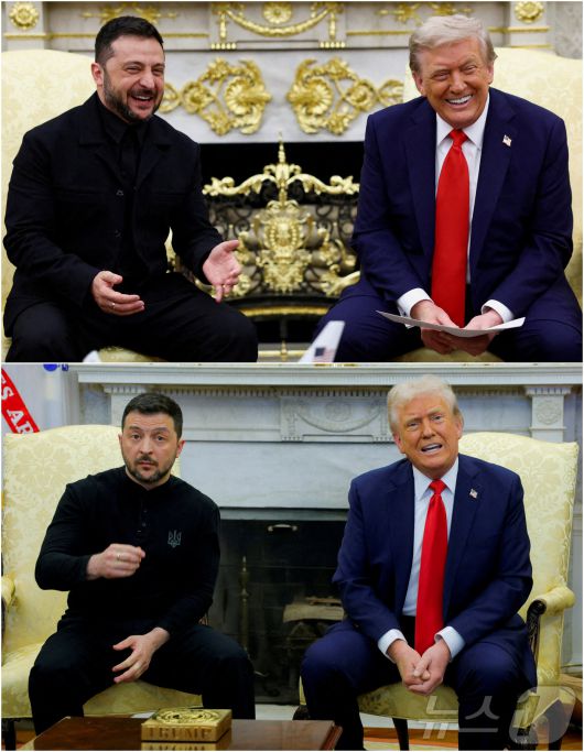 도널드 트럼프 미국 대통령과 볼로디미르 젤렌스키 우크라이나 대통령의 2025년 2월 28일(아래) 백악관 정상회담 장면과 8월 18일 정상회담 장면.  젤렌스키 대통령이 정장을 입지 않은 2월28일 회담과 입은 8월18일 회담의 분위기 차이를 사진에서도 느낄 수 있다. 2025.08.18. ⓒ 로이터=뉴스1 ⓒ News1 권영미 기자