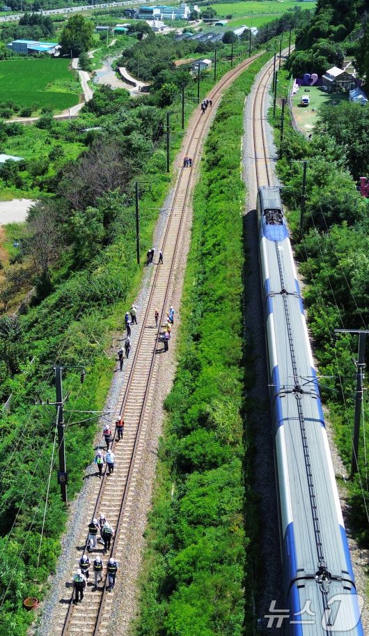 19일 오전 10시 52분쯤 경북 청도군 화양읍 삼신리 청도소싸움 경기장 인근 경부선 철로에서 마산으로 향하던 무궁화 열차가 선로에서 작업하던 근로자 7명을 치는 사고가 발생했다. 경찰과 소방, 코레일 등 관계자들이 사고 현장을 조사하는 가운데 우측으로 열차가 서행하고 있다. 2025.8.19/뉴스1 ⓒ News1 공정식 기자