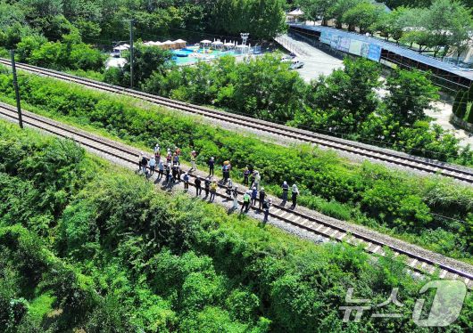 19일 오전 10시 52분쯤 경북 청도군 화양읍 삼신리 청도소싸움 경기장 인근 경부선 철로에서 마산으로 향하던 무궁화 열차가 선로에서 작업하던 근로자 7명을 치는 사고가 발생했다. 경찰과 소방, 코레일 등 관계자들이 사고 현장을 조사하고 있다. 2025.8.19/뉴스1 ⓒ News1 공정식 기자
