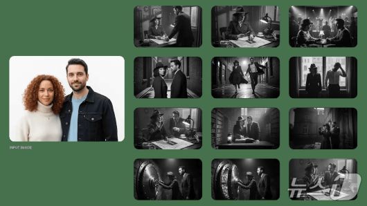 프롬프트-이 두 캐릭터가 등장하는 고전 흑백 필름 누아르 탐정 이야기로, 중독성 있게 흥미로운 12부작 이야기와 12개의 이미지를 만들어 주세요. 잃어버린 보물을 찾는 내용으로, 단서를 하나씩 발견하고 마지막에 보물을 찾게 됩니다. 이야기는 감정적 고저를 포함해 긴장감 넘치며, 마지막에는 큰 반전과 감동적인 결말로 끝나야 합니다. 이미지에는 글자나 텍스트를 포함하지 않고, 순수하게 시각적 요소만으로 이야기를 전달해 주세요.(구글 제공)