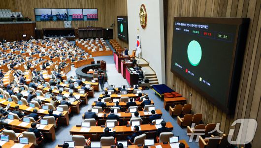 26일 오후 서울 여의도 국회에서 열린 제420회국회(임시회) 제1차 본회의에서 인공지능 발전과 신뢰 기반 조성 등에 관한 기본법안(AI기본법)이 재적 300인 중 재석 264인, 찬성 260인, 반대 1인, 기권 3인으로 통과되고 있다. 2024.12.26/뉴스1 ⓒ News1 안은나 기자