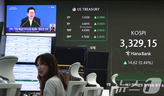 11일 오전 서울 중구 하나은행 딜링룸 모니터에 이재명 대통령 정부 출범 100일 기자회견 뉴스가 중계되고 있다. 이날 오전 코스피는 이틀 연속 최고점을 찍으며 상승세를 기록중이다. 2025.9.11/뉴스1 ⓒ News1 구윤성 기자