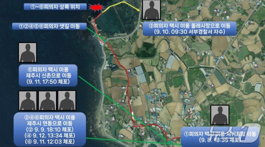 지난 8일 밀입국자 6명이 제주도에 고무보트를 타고 도착한 후 도주 경로.(제주해양경찰청 제공. 재판매 및 DB 금지)