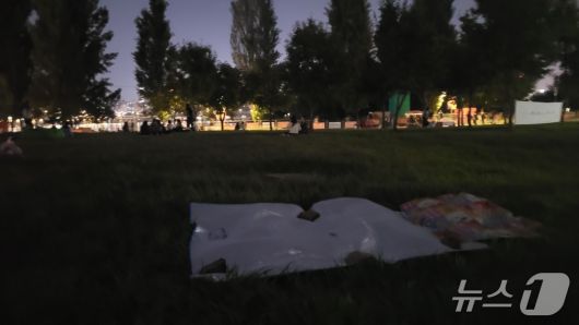 '2025 서울세계불꽃축제' 개최 전날인 26일 서울 영등포구 여의도한강공원 일대에서 빈 돗자리가 무거운 돌로 고정돼 있다.