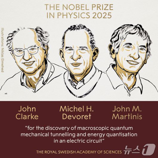 2025년 노벨 물리학상 수상자. 왼쪽부터 존 클라크,  미셸 데보럿, 존 마티니스. (노벨위원회 제공)