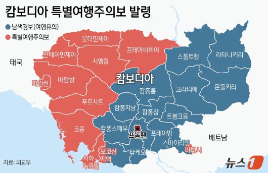 외교부는 지난 10일 오후 9시부터 기존 2단계 '여행자제' 발령 지역인 수도 프놈펜에 대한 여행경보를 2.5단계인 '특별여행주의보'로 상향 조정했다. 웃더민체이 주, 프레아비히어 주, 반테이민체이 주, 파일린 주, 바탐방 주, 푸르사트 주, 코콩 주, 시하누크빌 주, 캄폿주 보코산 지역, 바벳 시, 프놈펜 시 등은 기존에 발령된 특별여행주의보가 그대로 유지된다. 특별여행주의보 발령 지역을 제외한 지역은 '여행유의'인 여행경보 1단계가 이어진다. ⓒ News1 양혜림 디자이너