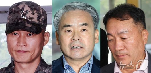 왼쪽부터 박진희 전 국방부 군사보좌관(육군 소장), 이종섭 전 국방부 장관, 김계환 전 해병대사령관. 2025.10.22./ⓒ 뉴스1