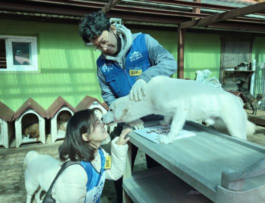 반려동물 헬스케어 전문기업 펫라이즈 김도형 대표와 이수연 이사가 지난 2일 블루엔젤봉사단 활동에 참여해 보호견과 교감하고 있다. ⓒ 뉴스1 한송아 기자