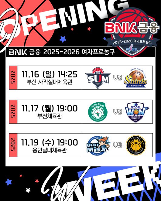 2025-26 여자프로농구가 오는 16일 부산 BNK 썸과 인천 신한은행의 공식 개막전을 시작으로 약 5개월 간의 대장정에 돌입한다.(WKBL 제공)
