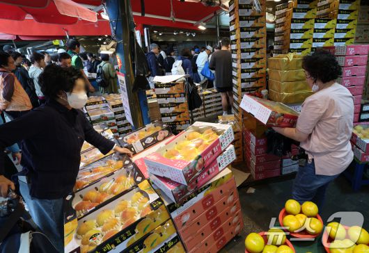 서울 동대문구 청량리 청과물시장을 찾은 시민들.(자료사진) 2025.10.3/뉴스1 ⓒ News1 권현진 기자