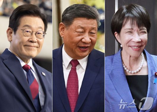 이재명 대통령, 시진핑 중국 국가주석, 다카이치 사나에 일본 총리 사진.