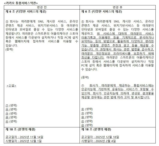 카카오의 개정 이용약관 (카카오 공지사항 갈무리)