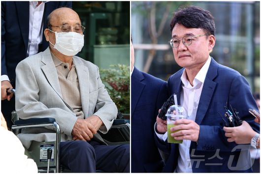 이봉관 서희건설 회장과(왼쪽) 맏사위인 박성근 전 국무총리 비서실장이 2일 서울 종로구 광화문에 마련된 김건희 특검팀 사무실에 조사를 위해 출석하고 있다. 2025.9.2/뉴스1 ⓒ News1 김도우 기자