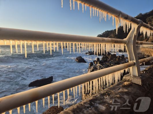 강원 대부분 지역에 한파특보가 발효된 26일 동해안 대표 해안도로인 강릉시 강동면 심곡~금진 구간 헌화로 난간에 고드름이 매달려 있다. 2025.12.26/뉴스1 ⓒ News1 윤왕근 기자