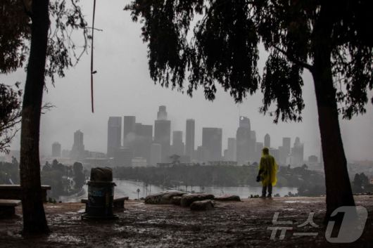 24일(현지시간) 캘리포니아주 로스앤젤레스의 엘리시안 공원에서 한 남성이 우비를 입고 비를 구경하고 있다. 2025.12.24. ⓒ AFP=뉴스1 ⓒ News1 이정환 기자