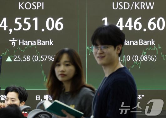 7일 오후 서울 중구 하나은행 본점 딜링룸 전광판에 증시 종가가 표시되고 있다. 2026.1.7/뉴스1 ⓒ News1 박정호 기자