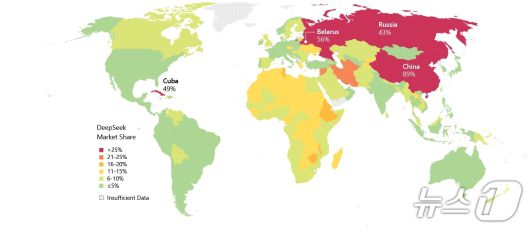 2025년 하반기 기준 딥시크(DeepSeek)의 글로벌 시장 점유율 현황 (짙은 붉은색 40% 이상~연한 노란색 10% 미만)(마이크로소프트 제공)