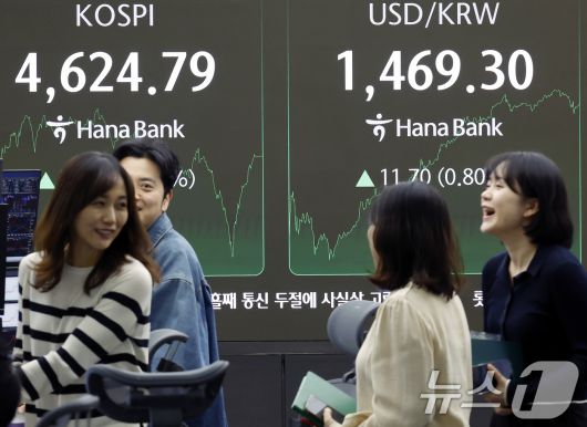 12일 오후 서울 중구 하나은행 본점 딜링룸 전광판에 증시 종가가 표시되고 있다. 2026.1.12/뉴스1 ⓒ News1 박정호 기자