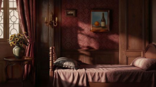 홍애린, <브랫(Brat)>, 2026,75인치모니터, 3D애니메이션(반복재생),프린세스메이커2배경세트디자인,화병,사진:작가제공