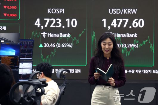 코스피 지수가 사상 처음으로 4700선을 돌파한 14일 오후 서울 중구 하나은행 본점 딜링룸 현황판에 전 거래일 대비 30.46포인트(0.65%)상승한 4,723.10을 나타내고 있다.  2026.1.14/뉴스1 ⓒ News1 이광호 기자