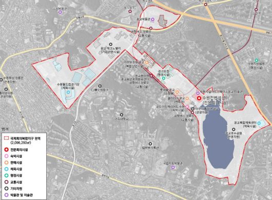 수원 국제회의복합지구 지정 현황. 붉은 테두리가 '국제회의복합지구 권역'.(문체부 제공)