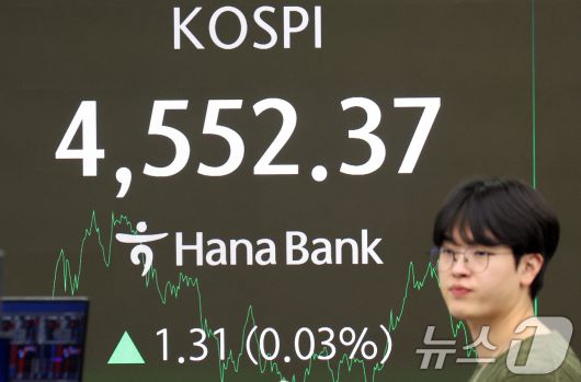 8일 오후 서울 중구 하나은행 본점 딜링룸 전광판에 증시 종가 시황이 나타나고 있다. 이날 코스피 지수는 전거래일 대비 1.31(0.03%) 포인트 상승한 4,552.37로, 코스닥지수는 3.33(0.35%)포인트 하락한 944.06으로 장을 마감했다. 2026.1.8/뉴스1 ⓒ News1 김명섭 기자