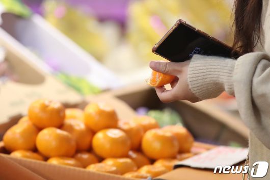 서울 마포구 농수산물 시장을 찾은 시민이 귤을 맛보고 있다. /뉴스1 ⓒ News1 이승배 기자