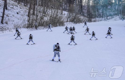 해병대 특수수색여단은 지난 2일부터 2월 26일까지 강원 평창군 황병산 일대에서 2026년 동계 설한지 훈련’을 진행한다고 16일 밝혔다. 사진은 지난 14일 해병대 특수수색여단 팀단위 대형을 유지한 채 텔레마크 스키로 설상 기동 및 환자 이송을 실시하고 있는 모습. (해병대 제공. 재판매 및 DB 금지) 2026.1.16/뉴스1