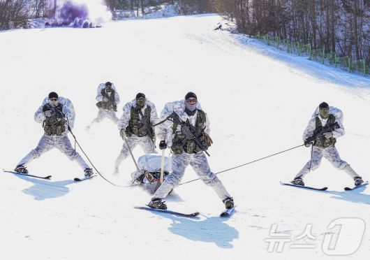 해병대 특수수색여단은 지난 2일부터 2월 26일까지 강원 평창군 황병산 일대에서 2026년 동계 설한지 훈련’을 진행한다고 16일 밝혔다. 사진은 지난 14일 해병대 특수수색여단 장병들이 설상 기동 간 환자 이송 훈련을 실시하고 있는 모습. (해병대 제공. 재판매 및 DB 금지) 2026.1.16/뉴스1