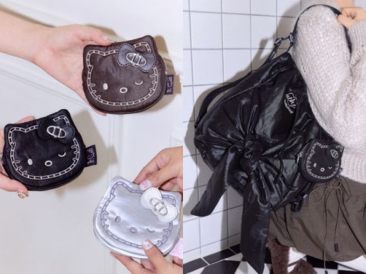 LF 아떼 바네사브루노 헬로키티 협업 컬렉션. 스터드 블랙 스트랩 미니파우치(왼쪽)와 르봉 글로시 백(LF 제공)