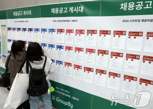 서울 강남구 코엑스에서 열린 ‘2026 스타트업 채용박람회’를 찾은 구직자들이 채용공고 게시대를 살펴보고 있다. 2026.1.11/뉴스1 ⓒ News1 이호윤 기자