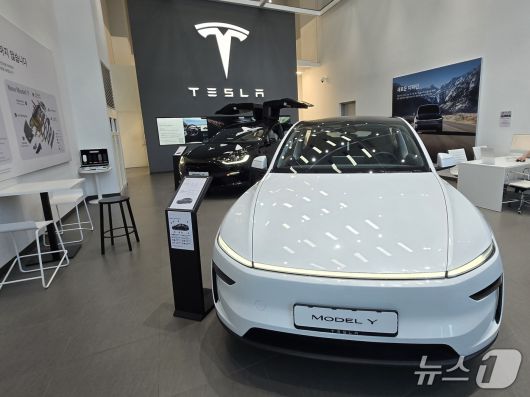 서울 영등포구 소재 테슬라 여의도 스토어에 중형 전기 SUV '모델Y'(앞)와 준대형 전기 SUV '모델X'가 전시된 모습. 2026.01.11/뉴스1 김성식 기자