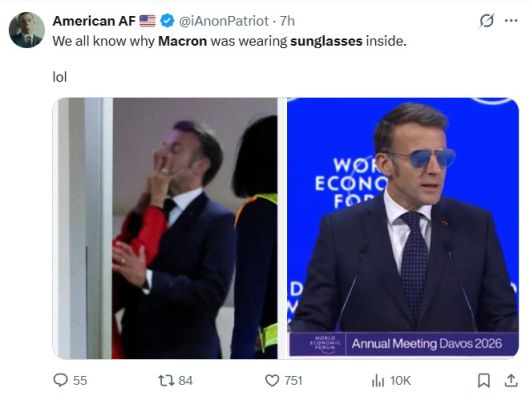 '마크롱 대통령이 실내에서 선글라스를 낀 이유를 우리는 모두 알고 있다'는 내용으로 소셜미디어에 올라온 게시글 (출처=소셜미디어 엑스(X))