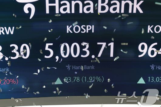 22일 오전 서울 중구 하나은행 본점 딜링룸 현황판에 코스피 지수가 장중 5000p를 넘으며 시작하고 있다. 2026.1.22/뉴스1 ⓒ News1 최지환 기자