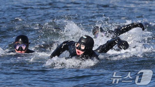 전국적으로 맹추위가 기승을 부린 22일 경남 창원 진해 군항에서 열린 혹한기 내한훈련에서 해군 심해잠수사(SSU)들이 오리발 수영을 하고 있다. (공동취재) 2026.1.22/뉴스1 ⓒ News1 윤일지 기자