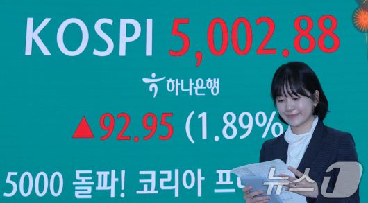 코스피가 장중 사상 처음 5000선을 돌파한 지난 22일 오후 서울 중구 하나은행 본점 딜링룸 전광판에 5000돌파 기념 화면이 나타나고 있다. 2026.1.22/뉴스1 ⓒ News1 박지혜 기자