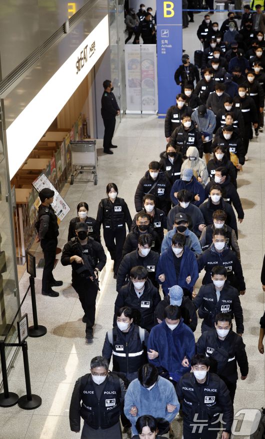 캄보디아를 거점으로 대규모 스캠 범죄를 저지른 한국 국적 피의자 73명이 23일 오전 인천국제공항 2터미널을 통해 강제 송환되고 있다. 2026.1.23/뉴스1 ⓒ News1 안은나 기자