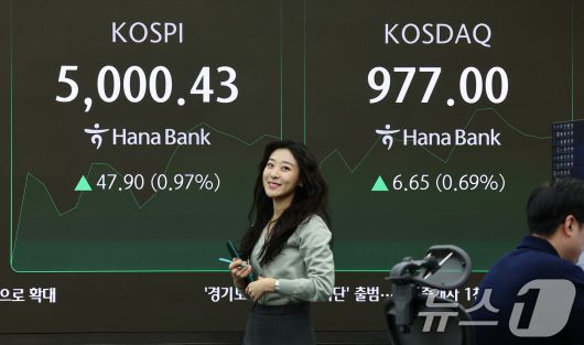 23일 서울 중구 하나은행 딜링룸 전광판에 코스피 시황이 표시되고 있다. 이날 코스피는 전 거래일 대비 31.55p(0.64%) 오른 4952.53, 코스닥은에 6.80p(0.70%) 상승한 977.15에 거래를 시작했다. 2026.1.23/뉴스1 ⓒ News1 김도우 기자