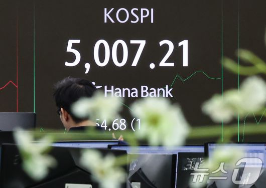 23일 서울 중구 하나은행 딜링룸 전광판에 코스피 시황이 표시되고 있다. 이날 코스피는 전 거래일 대비 31.55p(0.64%) 오른 4952.53, 코스닥은에 6.80p(0.70%) 상승한 977.15에 거래를 시작했다. 2026.1.23/뉴스1 ⓒ News1 김도우 기자