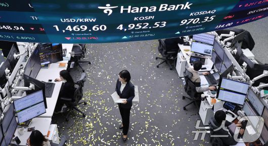코스피가 장중 사상 처음 5000선을 돌파한 뒤 오름폭을 줄여 4950대에 장을 마친 지난 22일 오후 서울 중구 하나은행 본점 딜링룸 현황판에 코스피지수 종가가 나타나고 있다. 2026.1.22/뉴스1 ⓒ News1 박지혜 기자