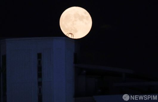 [서울=뉴스핌] 이호형 기자 = 올해 가장 큰 보름달 '슈퍼 블루문'이 31일 오후 서울 하늘에 떴다. 슈퍼블루문은 한국시간 기준 오후 7시29분에 떠서 다음날 오전 7시1분에 진다. 가장 멀리있는 보름달에 비해 14% 크고 30% 더 밝다. 다음 슈퍼블루문은14년 뒤 2037년 1월31일에 나타난다. 오후 8시 11분 경 잠실 상공에 모습 드러낸 슈퍼블루문  2023.08.31 leemario@newspim.com