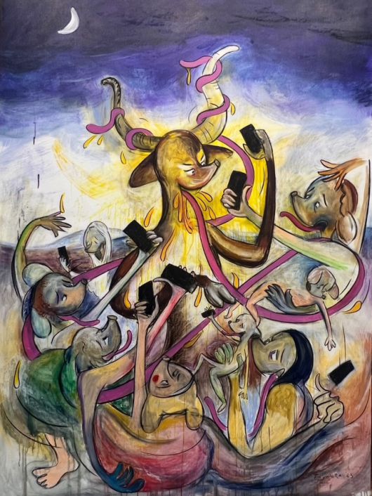 [서울=뉴스핌]이영란 미술전문기자=Art OnO 2025에 에스더쉬퍼 갤러리가 출품한 사이먼 후지와라의 회화 'Who Is the Great Goat of the Night?'. 2023. 캔버스에 아크릴, 파스텔, 차콜. 218x160cm [이미지 제공=에스더쉬퍼 갤러리]   2025.04.11 art29@newspim.com