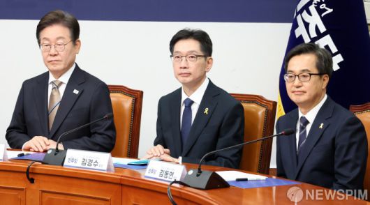 [서울=뉴스핌] 정일구 기자 = 이재명(왼쪽부터), 김경수, 김동연 더불어민주당 대선 경선 후보. 2025.04.16 mironj19@newspim.com