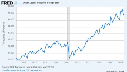 2020년 코로나 팬데믹 당시 급감했던 해외출생 경제활동인구는 이후 가파른 증가 곡선을 보여왔다. 그러나 트럼프 취임 이후 그래프는 반대 방향으로 움직이고 있다 [사진=연방준비제도]