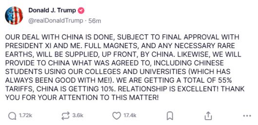 미중 무역 회담 합의를 알리는 트럼프 대통령의 트루스 소셜, 2025.06.11 koinwon@newspim.com