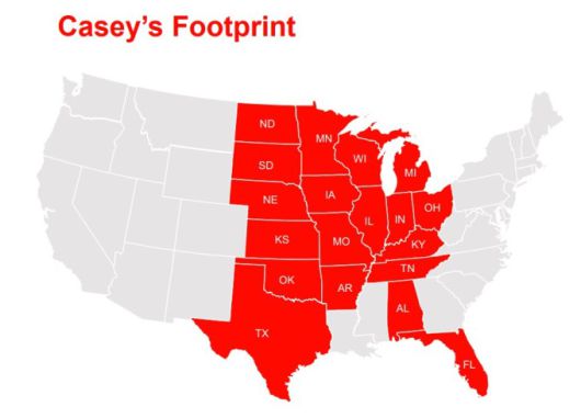 케이시스 제너럴 스토어스의 약 2900개 매장이 있는 미국 내 19개 주 [자료 = 케이시스 제너럴 스토어스]