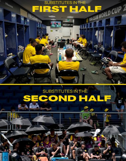 [서울=뉴스핌] 손지호 기자 = 22일 도르트문트와 마멜로디 선다운스의 2025 국제축구연맹(FIFA) 클럽월드컵 조별리그 2차전서 햇볕을 피해 교체 명단 선수들이 라커룸에 들어와 경기를 지켜보고 있다. [사진=도르트문트 SNS 캡처] 2025.06.24 thswlgh50@newspim.com