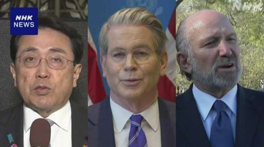 왼쪽부터 아카자와 료세이 일본 경제재생담당상, 스콧 베선트 미국 재무장관, 하워드 러트닉 상무장관. [사진=NHK]